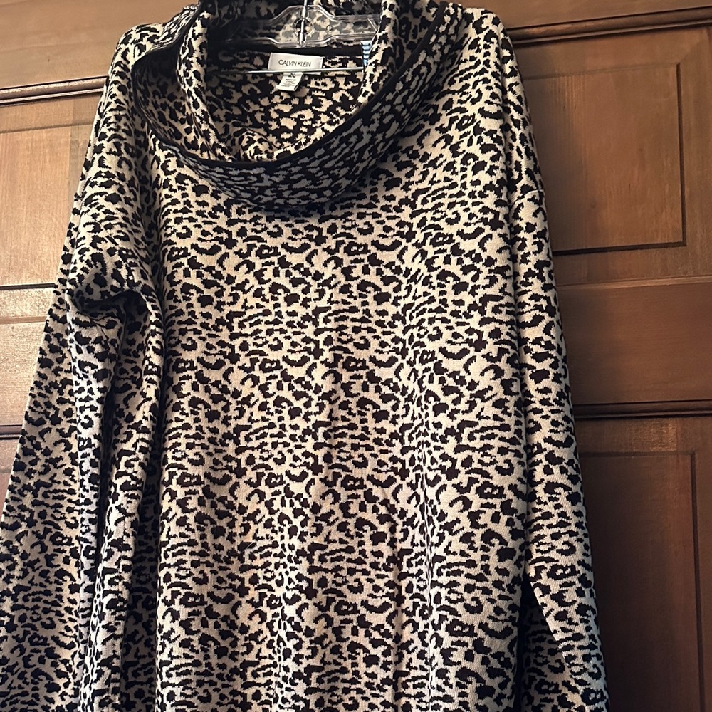 Calvin Klein Leopard Print Cowl Neck Sweater - Black and Cream